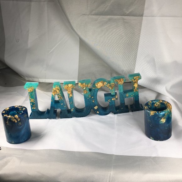 Resin Laugh Sign with 2 Votive Candle Holders - Picture 1 of 14